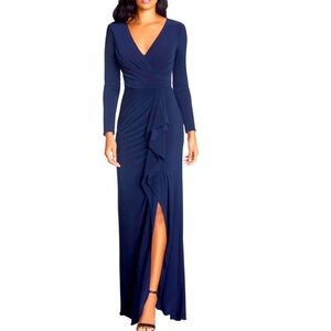 NWT!  BETSY & ADAM Blue Cascade Ruffle Deep V-Neck Stretch Jersey Gown Size 4